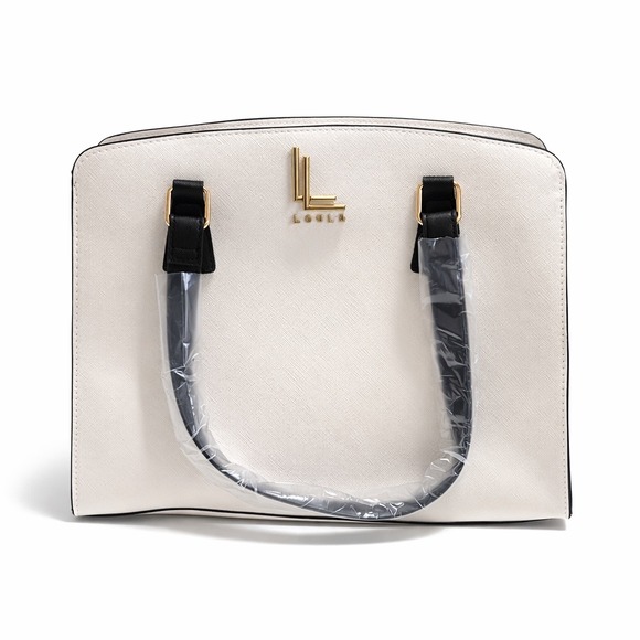 Loulou Bags Handbags - Loulu White Saffiano Faux Leather Top Handle Purse with Black Handles Gold Logo